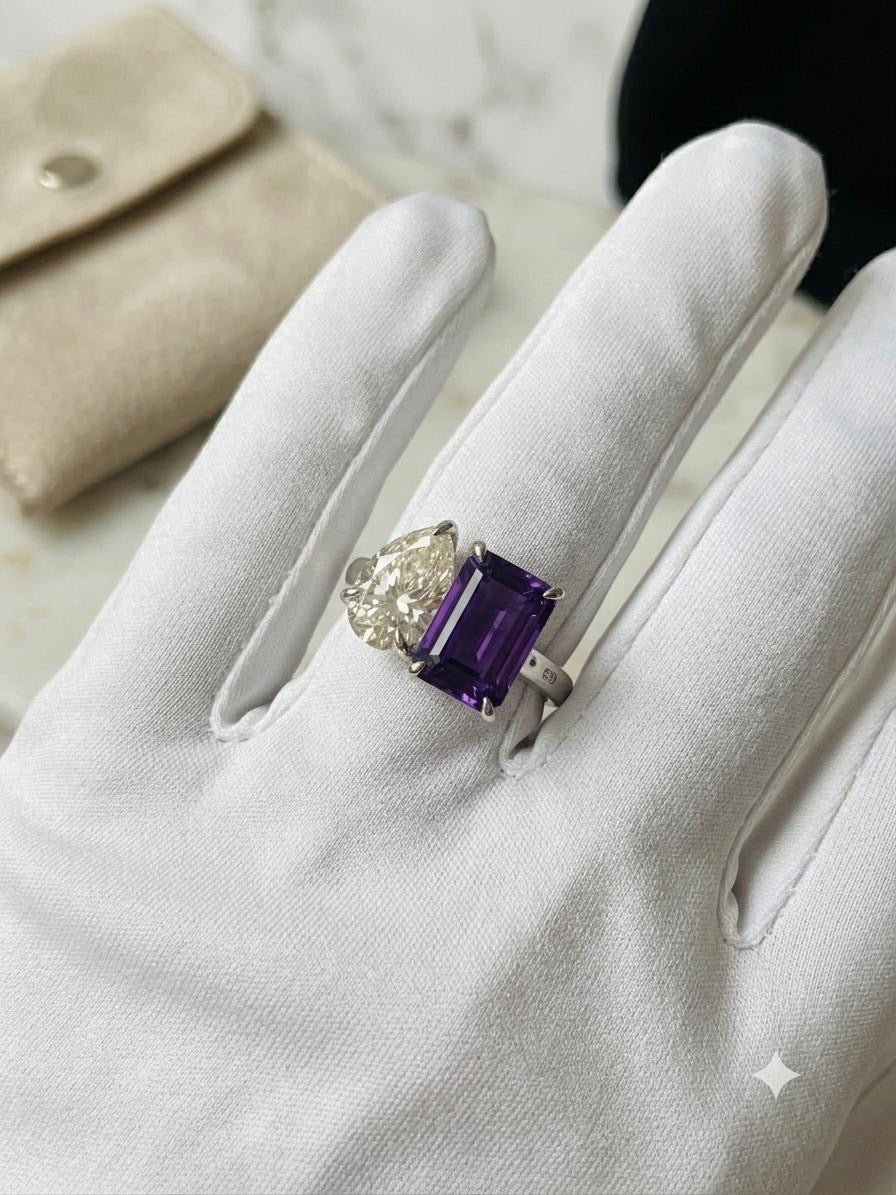 8×10 MM Amethyst Emerald Cut & Pear Moissanite Ring – 925 Sterling Silver