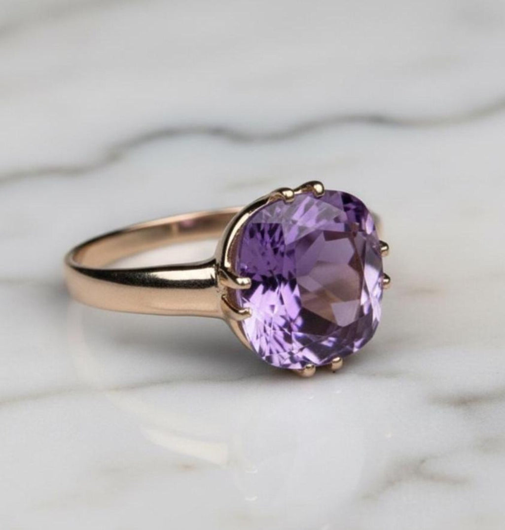 Natural Amethyst 10 mm Round Cut Ring – Rose Gold Plated 925 Sterling Silver