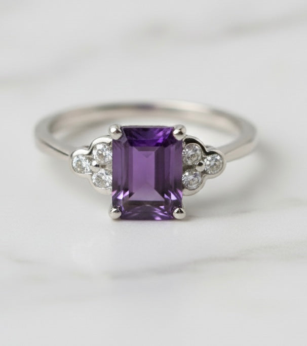 Natural Purple Amethyst 7x9 mm Emerald Cut Ring with Moissanite Accents | 925 Sterling Silver