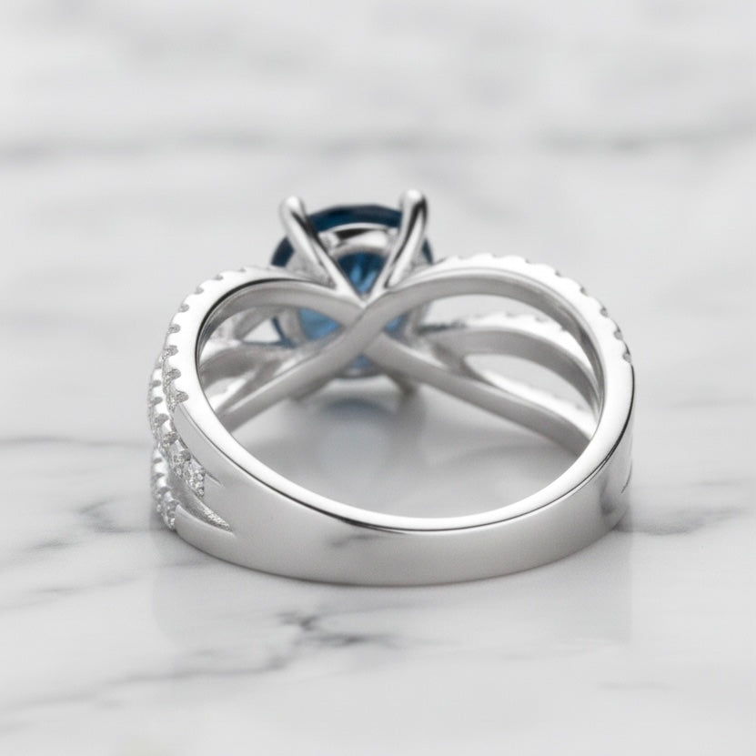 London Blue Topaz 7 mm Round Cut Ring with Moissanite Accents | 925 Sterling Silver