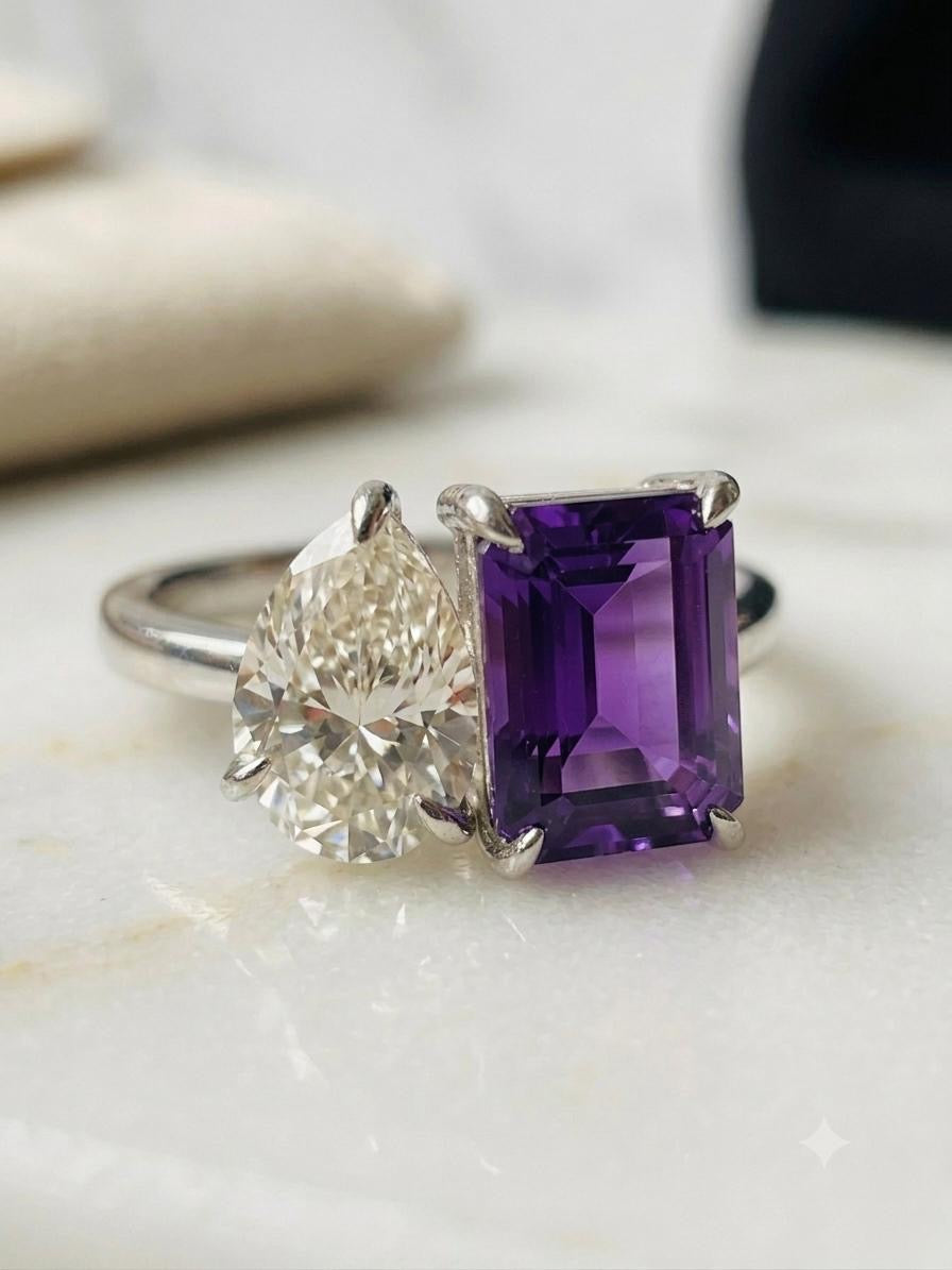 8×10 MM Amethyst Emerald Cut & Pear Moissanite Ring – 925 Sterling Silver