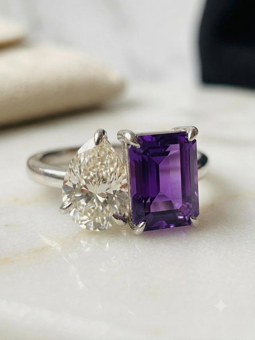8×10 MM Amethyst Emerald Cut & Pear Moissanite Ring – 925 Sterling Silver