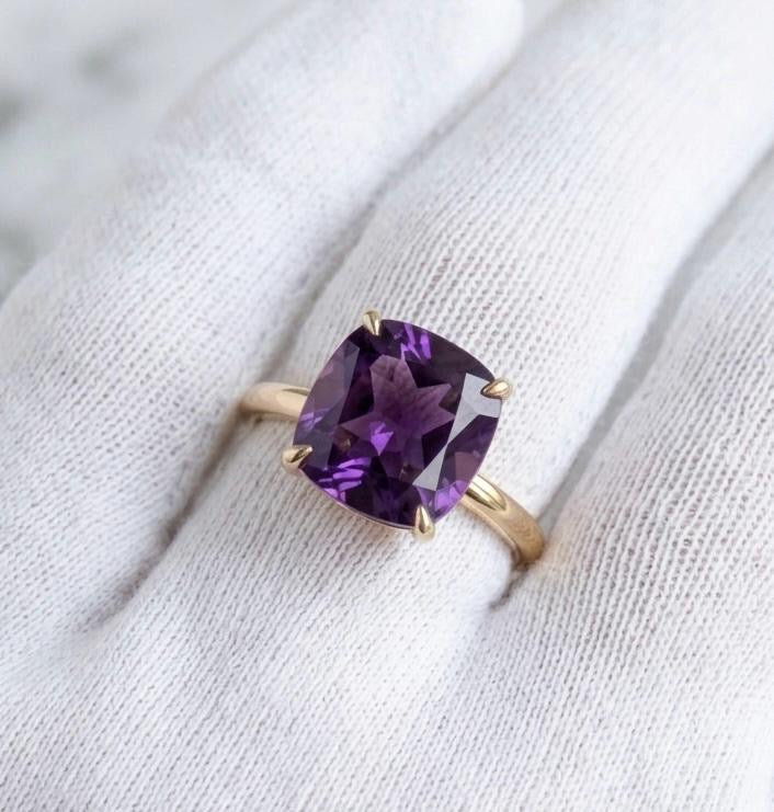 Amethyst 10 MM Cushion Cut Gold-Plated Silver Ring
