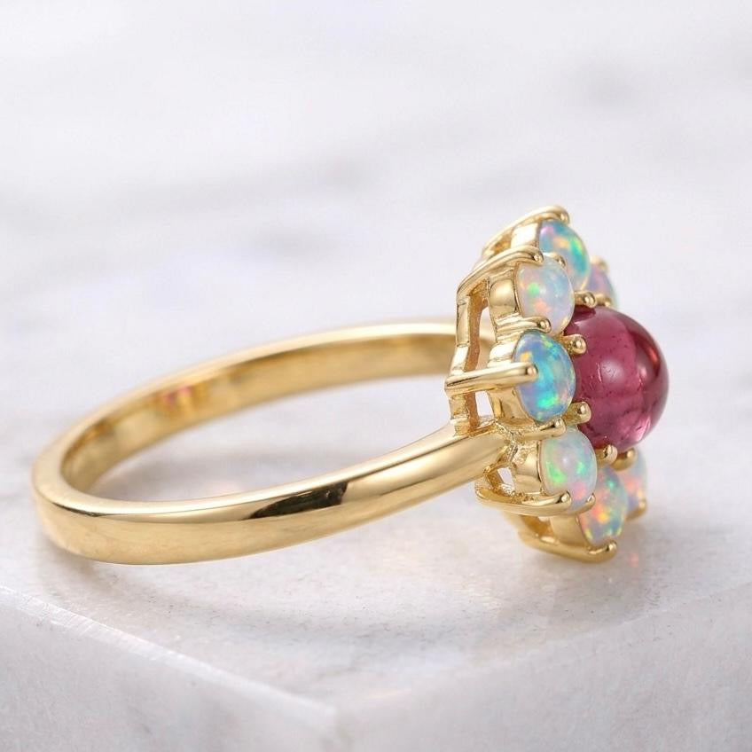 Natural Pink Tourmaline & Opal Flower Ring – 7 MM Round | Gold Plated