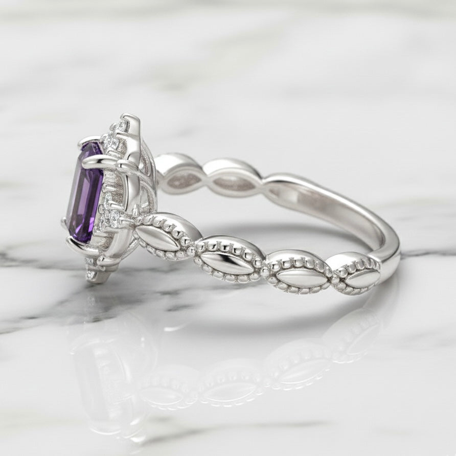 Natural Purple Amethyst 7x9 mm Emerald Cut Ring with Moissanite Accents | 925 Sterling Silver