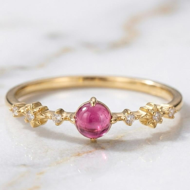 Natural Pink Tourmaline 6 MM Round Cabochon Gold-Plated Silver Ring with Side Moissanite