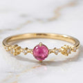 Natural Pink Tourmaline 6 MM Round Cabochon Gold-Plated Silver Ring with Side Moissanite