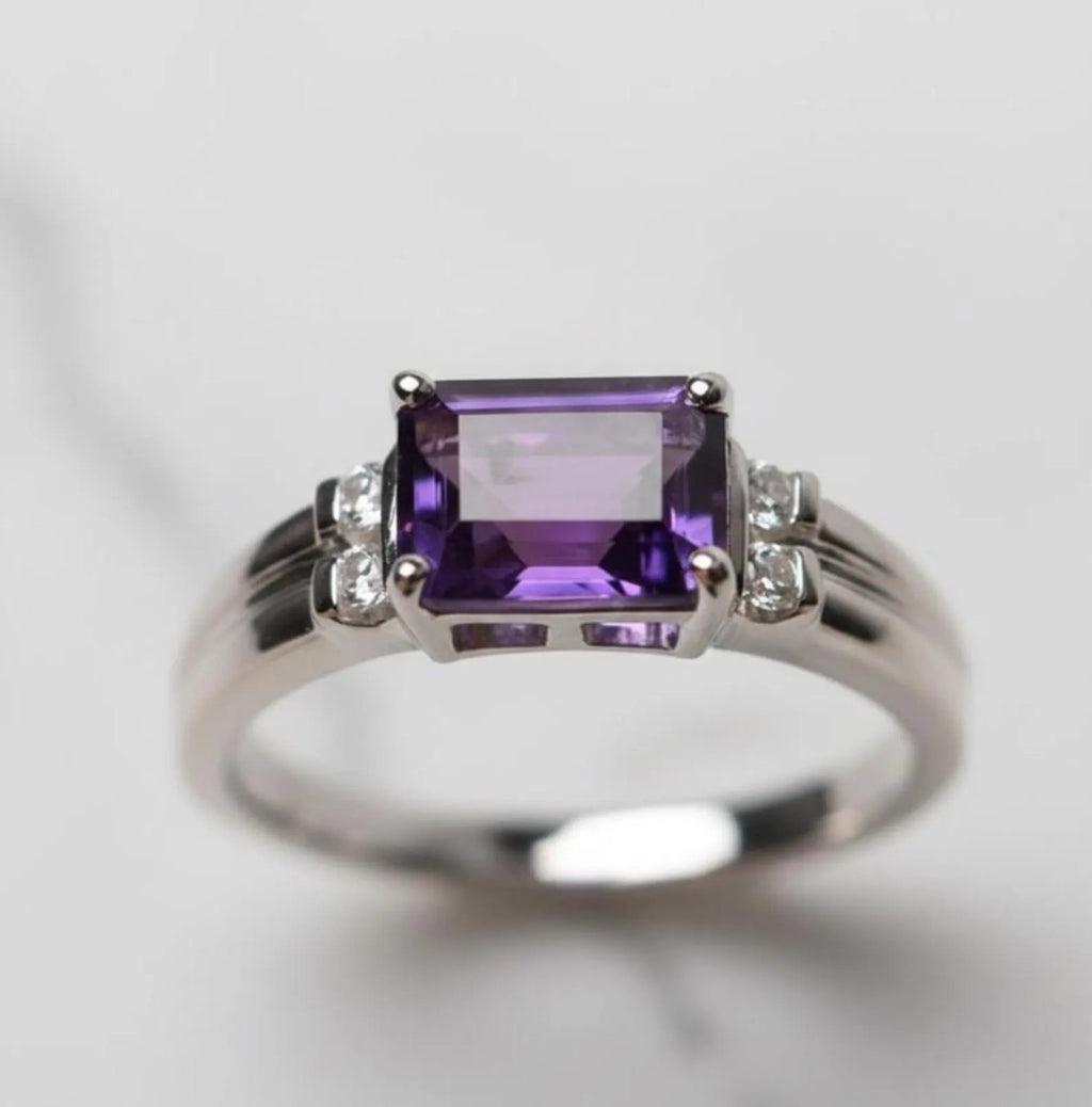 Natural Amethyst Emerald Cut Ring – 8×10 mm | 925 Sterling Silver
