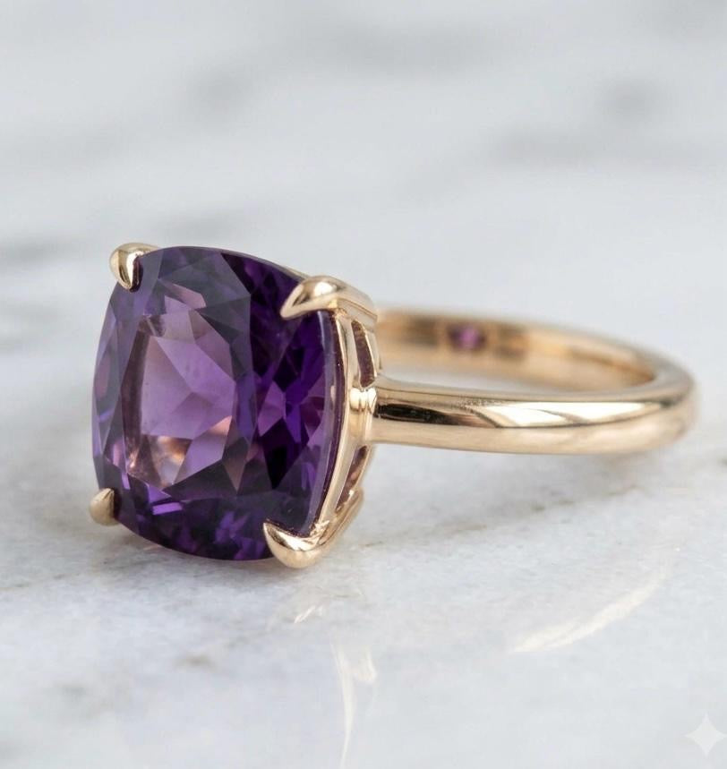 Amethyst 10 MM Cushion Cut Gold-Plated Silver Ring