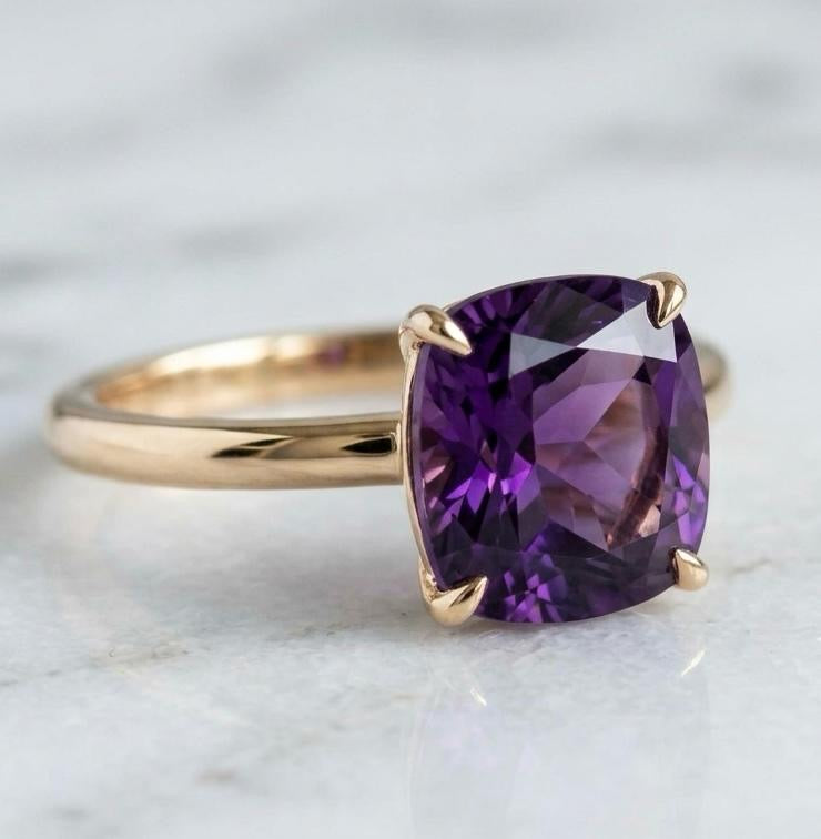 Amethyst 10 MM Cushion Cut Gold-Plated Silver Ring