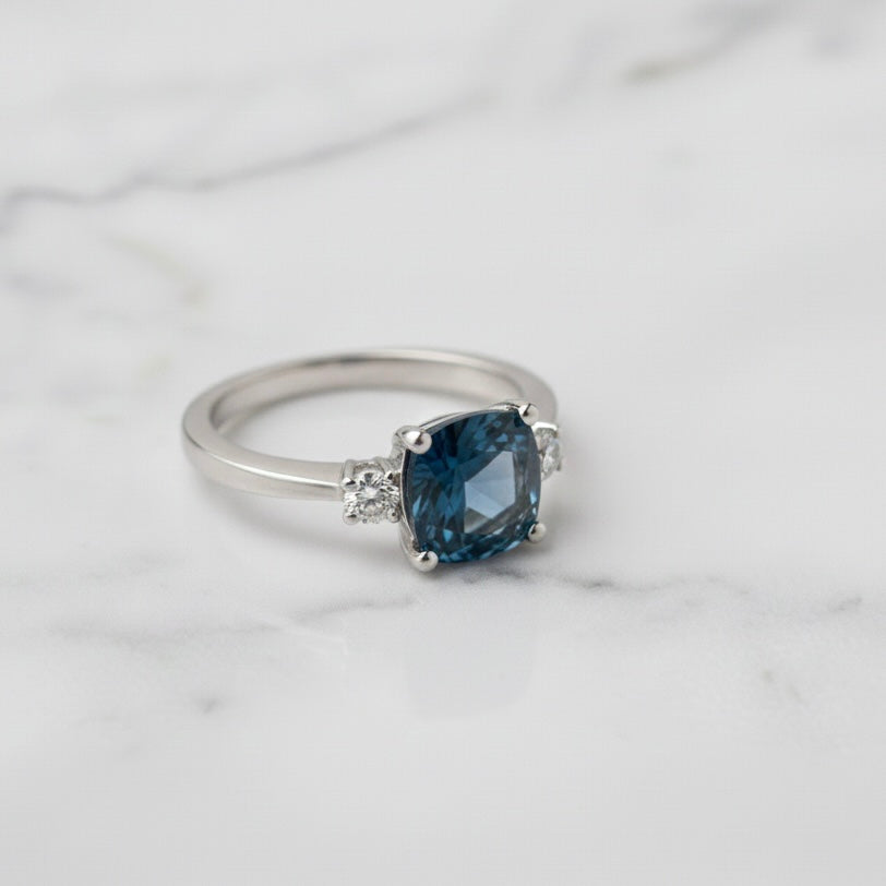 Natural London Blue Topaz 7 mm Cushion Cut Ring with Moissanite Accents | 925 Sterling Silver