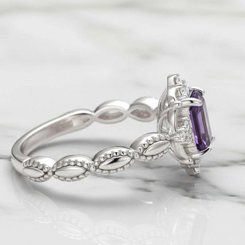 Natural Purple Amethyst 7x9 mm Emerald Cut Ring with Moissanite Accents | 925 Sterling Silver