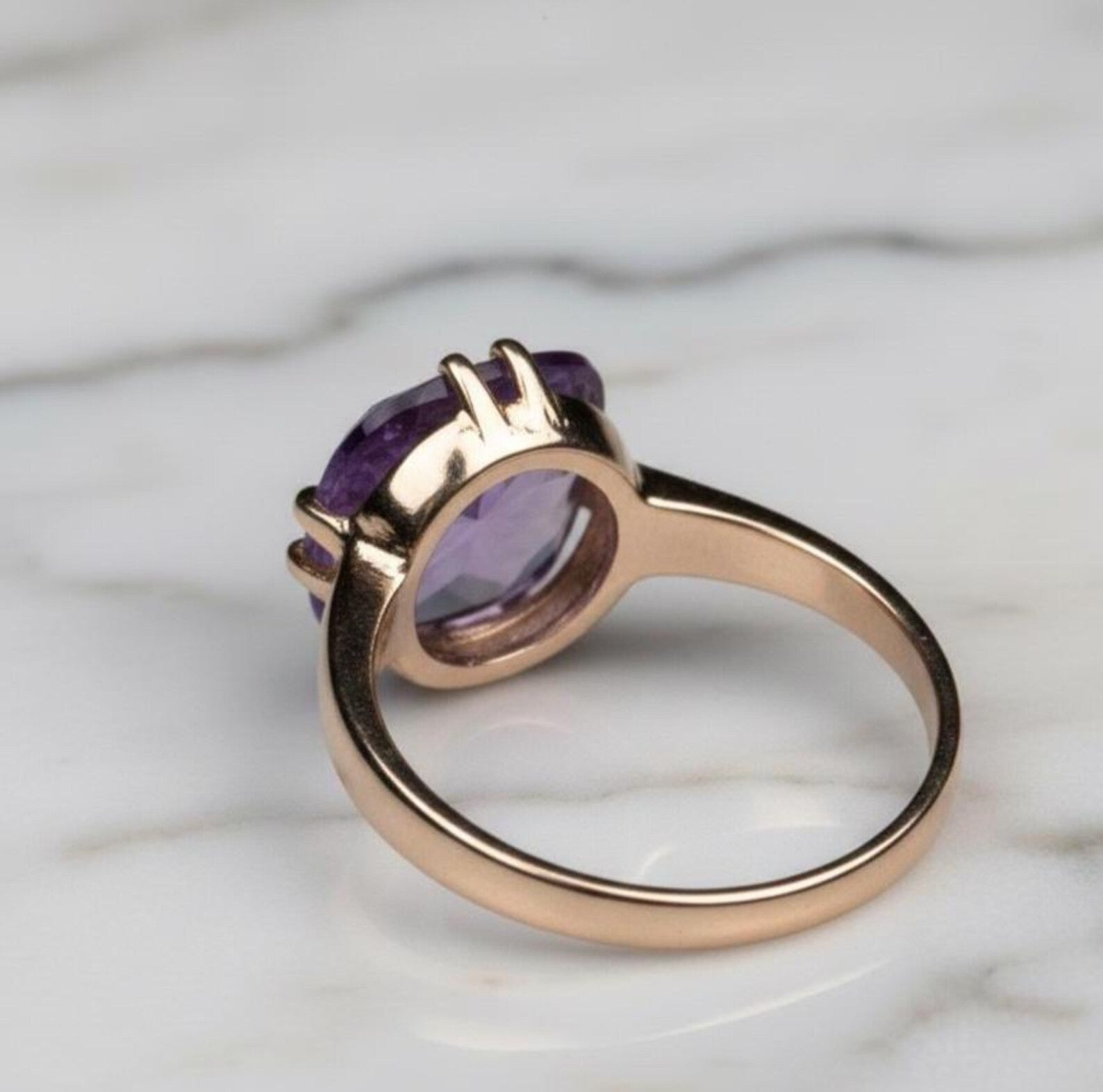Natural Amethyst 10 mm Round Cut Ring – Rose Gold Plated 925 Sterling Silver
