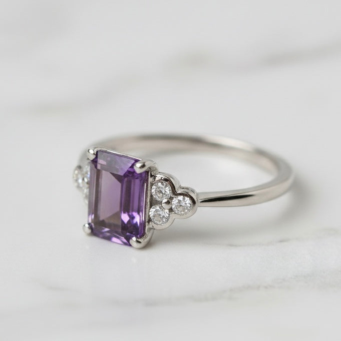 Natural Purple Amethyst 7x9 mm Emerald Cut Ring with Moissanite Accents | 925 Sterling Silver