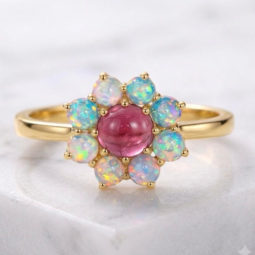 Natural Pink Tourmaline & Opal Flower Ring – 7 MM Round | Gold Plated