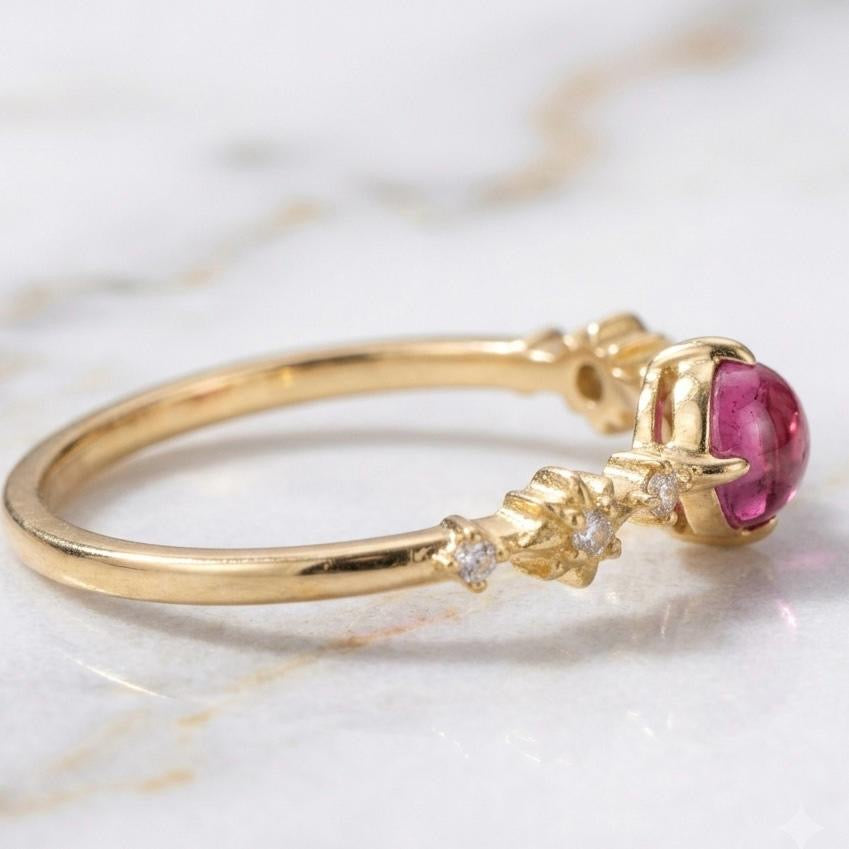 Natural Pink Tourmaline 6 MM Round Cabochon Gold-Plated Silver Ring with Side Moissanite