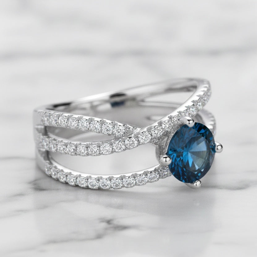 London Blue Topaz 7 mm Round Cut Ring with Moissanite Accents | 925 Sterling Silver