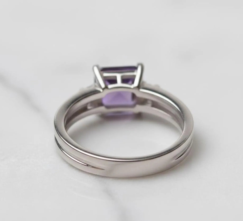 Natural Amethyst Emerald Cut Ring – 8×10 mm | 925 Sterling Silver