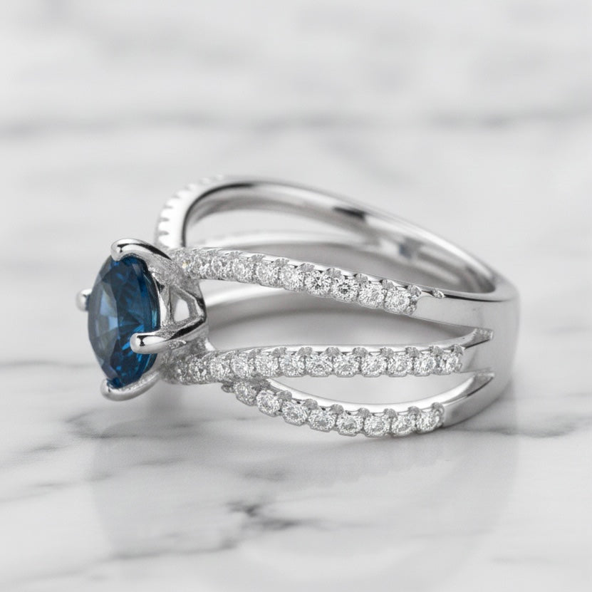 London Blue Topaz 7 mm Round Cut Ring with Moissanite Accents | 925 Sterling Silver