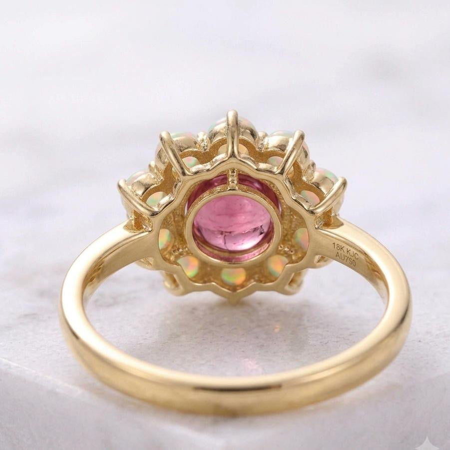 Natural Pink Tourmaline & Opal Flower Ring – 7 MM Round | Gold Plated