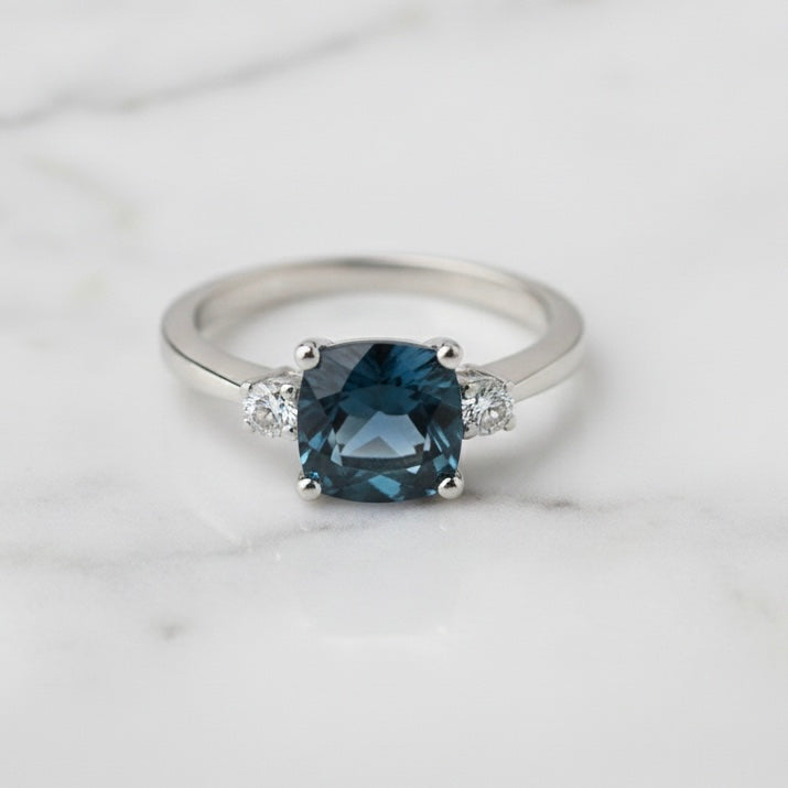 Natural London Blue Topaz 7 mm Cushion Cut Ring with Moissanite Accents | 925 Sterling Silver