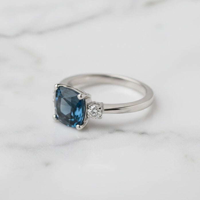 Natural London Blue Topaz 7 mm Cushion Cut Ring with Moissanite Accents | 925 Sterling Silver