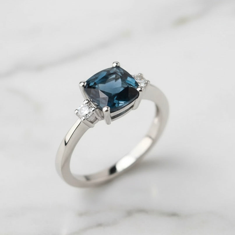 Natural London Blue Topaz 7 mm Cushion Cut Ring with Moissanite Accents | 925 Sterling Silver