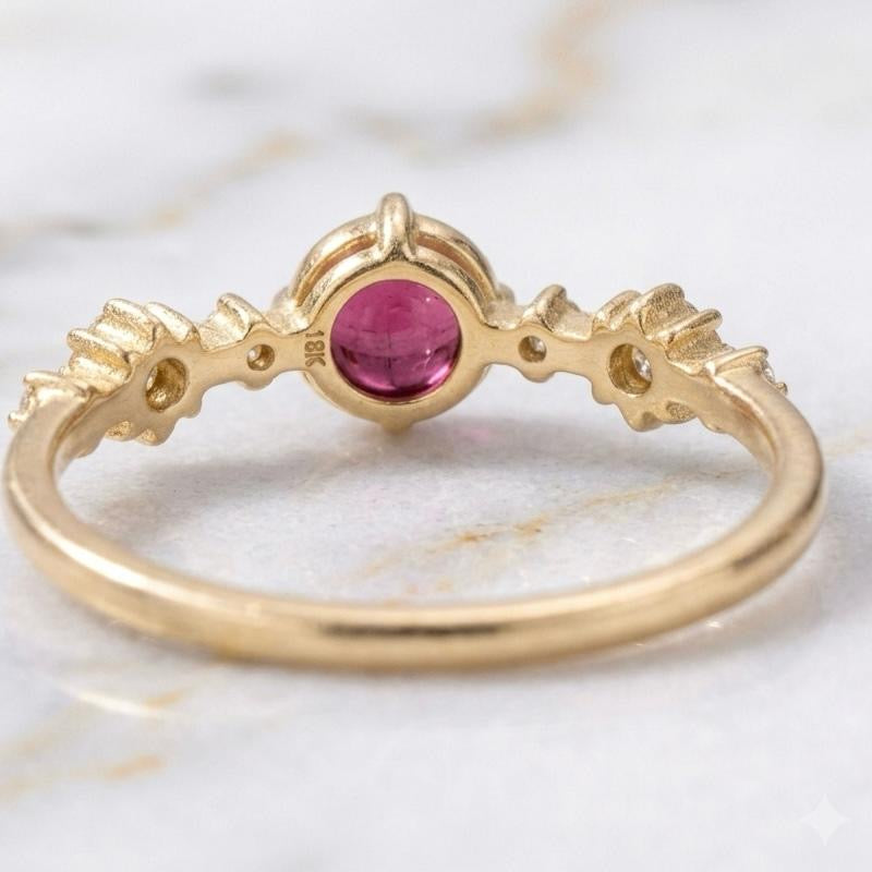 Natural Pink Tourmaline 6 MM Round Cabochon Gold-Plated Silver Ring with Side Moissanite