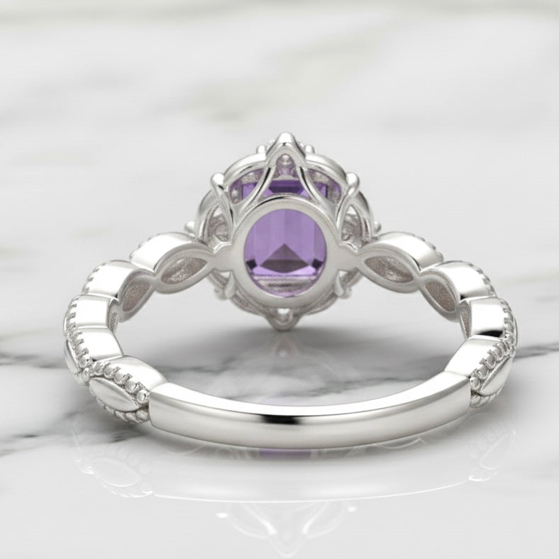 Natural Purple Amethyst 7x9 mm Emerald Cut Ring with Moissanite Accents | 925 Sterling Silver