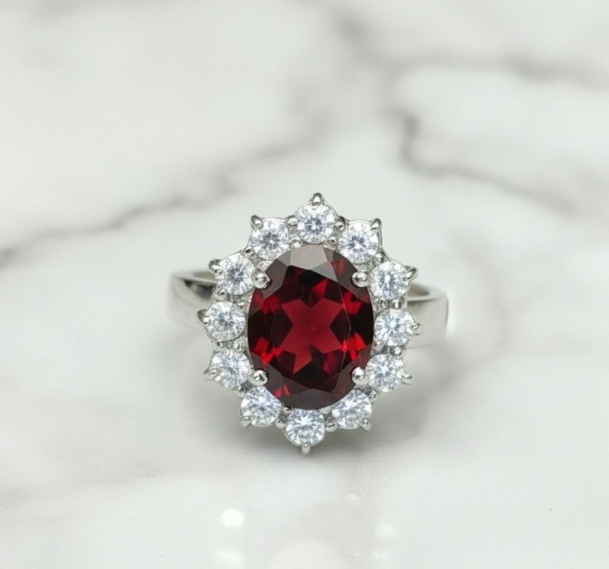 Red Garnet Ring – 7×9 mm Oval Cut | 925 Sterling Silver with Moissanite