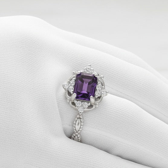 Natural Purple Amethyst 7x9 mm Emerald Cut Ring with Moissanite Accents | 925 Sterling Silver