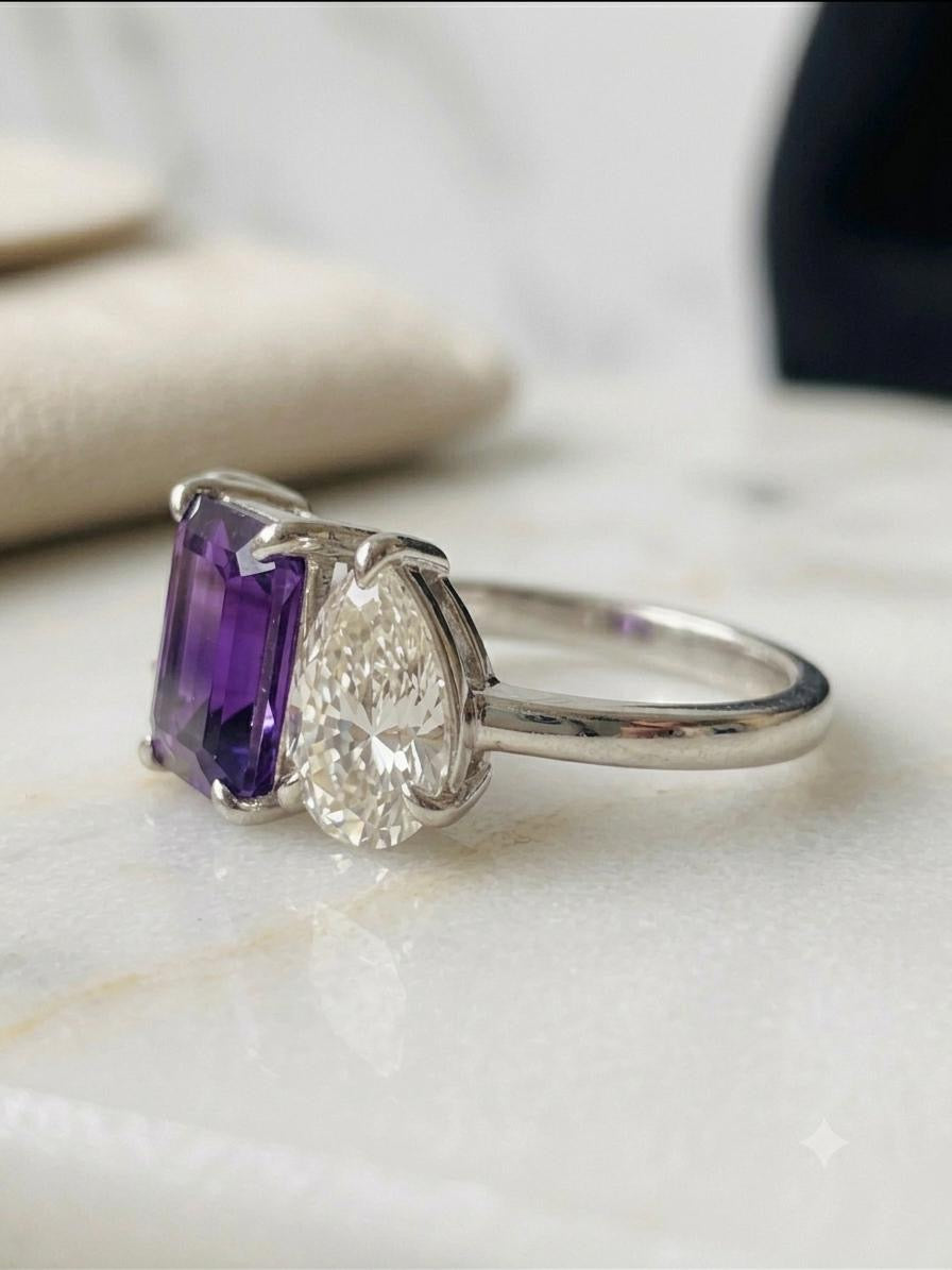 8×10 MM Amethyst Emerald Cut & Pear Moissanite Ring – 925 Sterling Silver