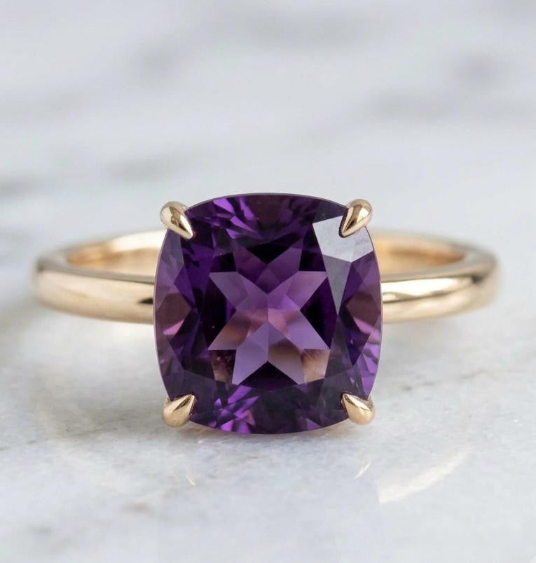 Amethyst 10 MM Cushion Cut Gold-Plated Silver Ring