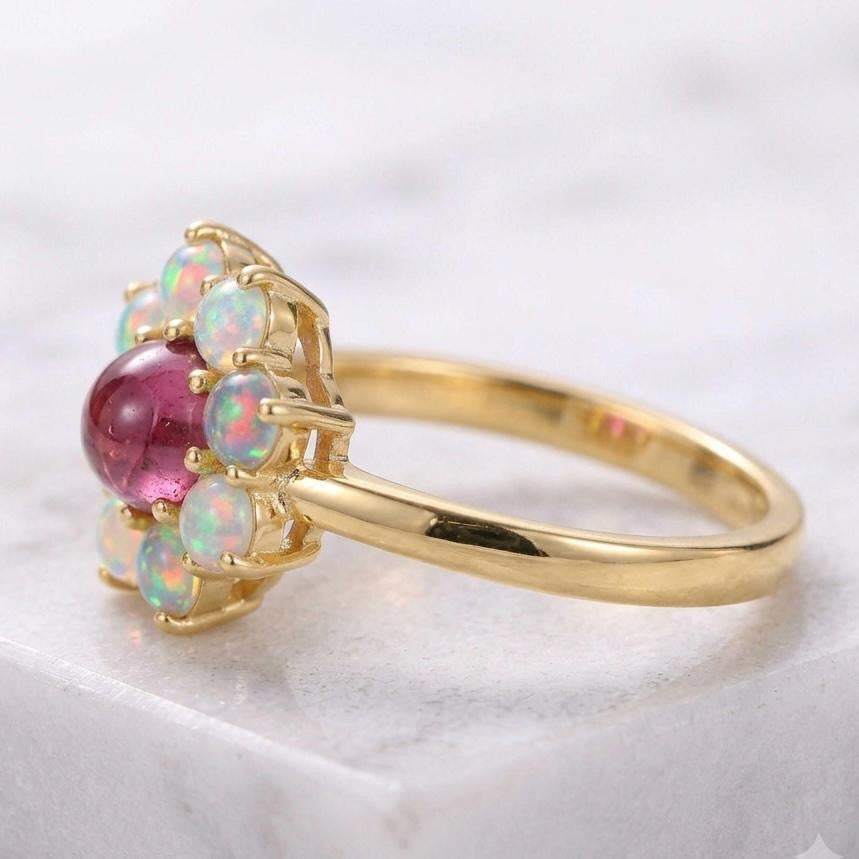 Natural Pink Tourmaline & Opal Flower Ring – 7 MM Round | Gold Plated