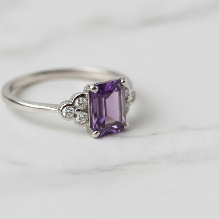 Natural Purple Amethyst 7x9 mm Emerald Cut Ring with Moissanite Accents | 925 Sterling Silver