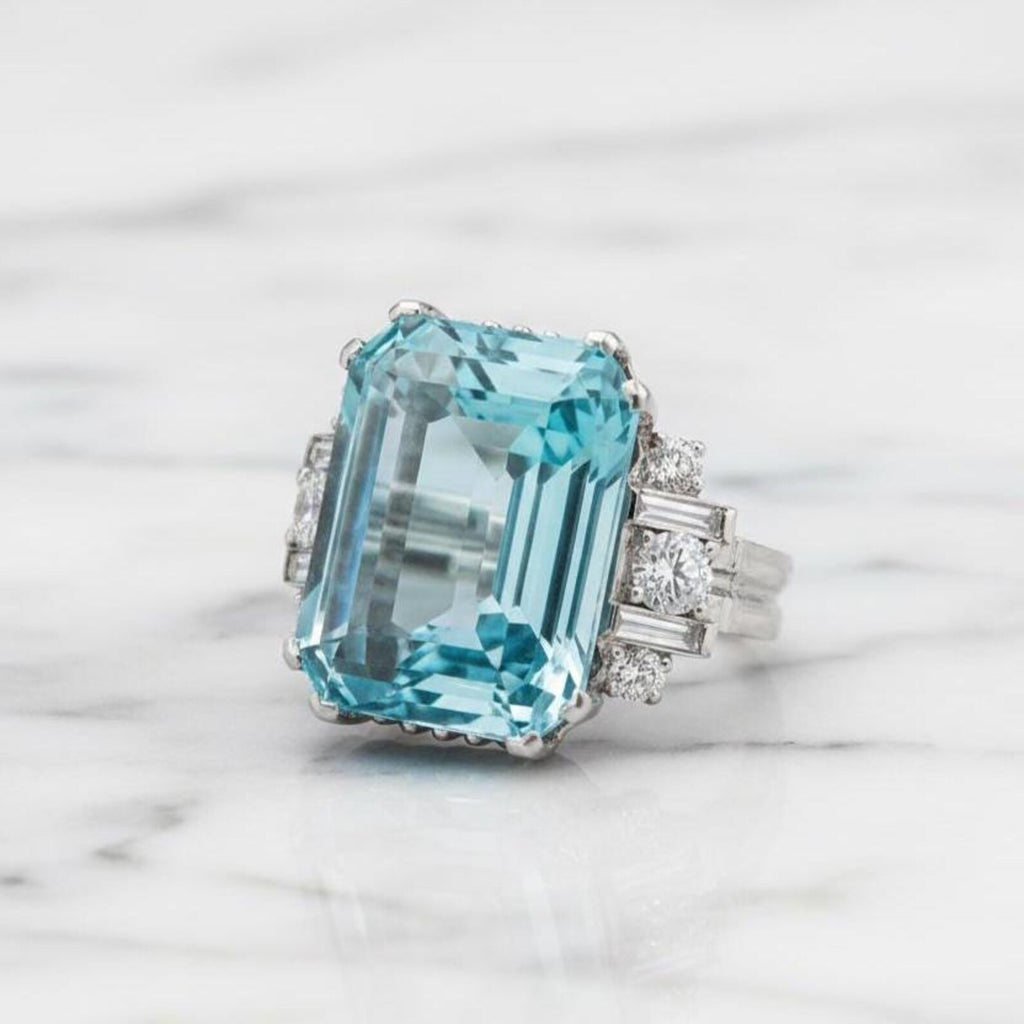 Natural Sky Blue Topaz 12×16 mm Emerald Cut Ring with Moissanite Accents – 925 Sterling Silver