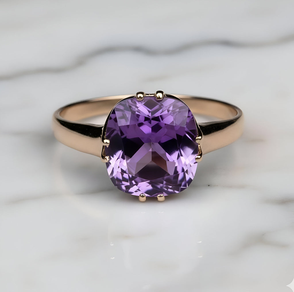 Natural Amethyst 10 mm Round Cut Ring – Rose Gold Plated 925 Sterling Silver