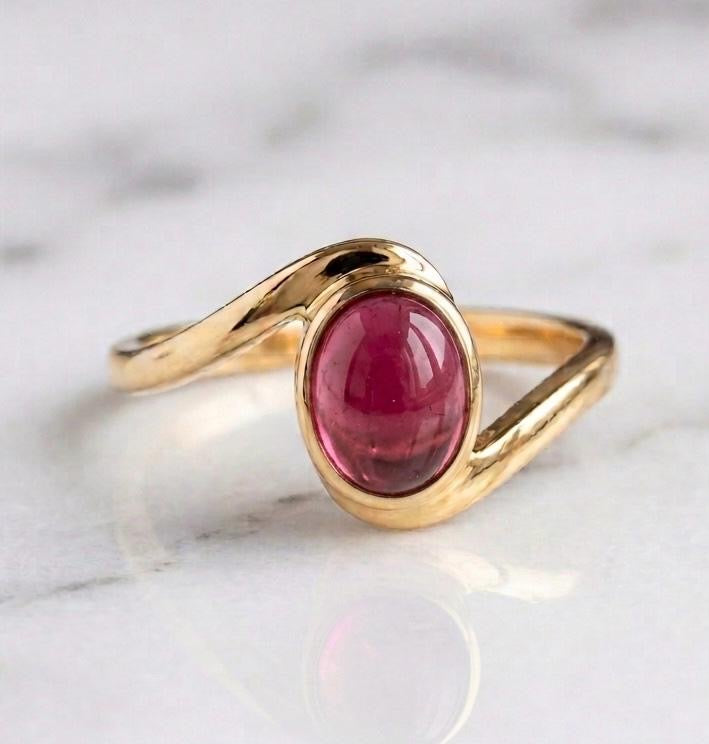 Natural Tourmaline 8x10 MM Cabochon Gold-Plated Silver Ring