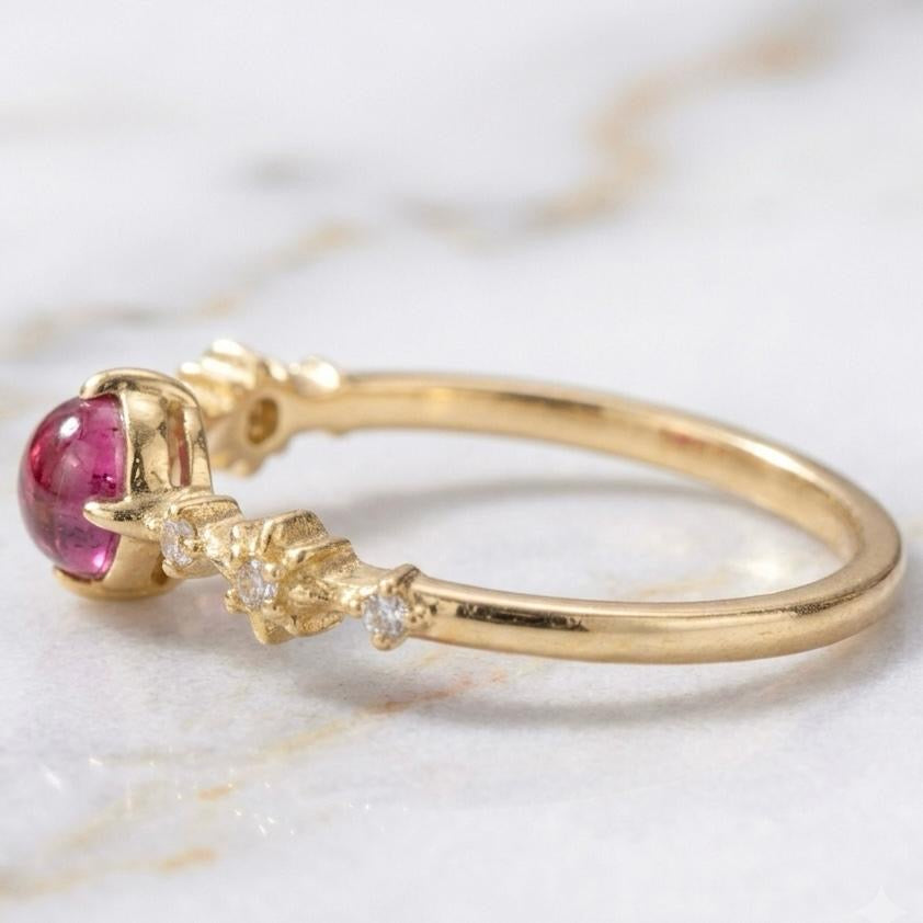 Natural Pink Tourmaline 6 MM Round Cabochon Gold-Plated Silver Ring with Side Moissanite