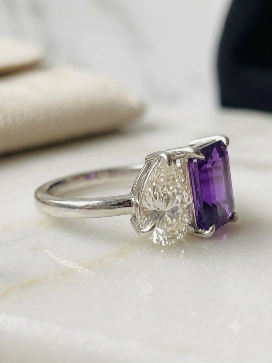 8×10 MM Amethyst Emerald Cut & Pear Moissanite Ring – 925 Sterling Silver