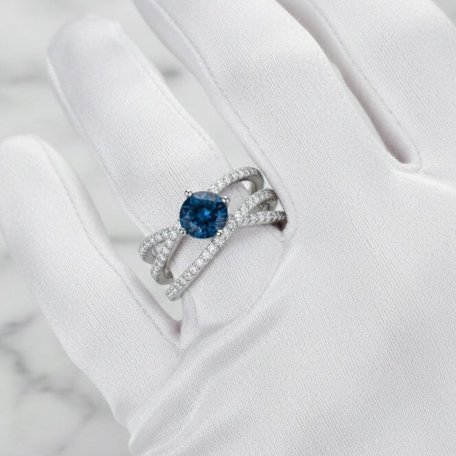 London Blue Topaz 7 mm Round Cut Ring with Moissanite Accents | 925 Sterling Silver