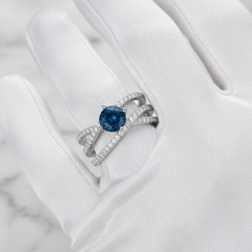 London Blue Topaz 7 mm Round Cut Ring with Moissanite Accents | 925 Sterling Silver