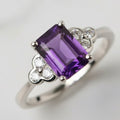 Natural Purple Amethyst 7x9 mm Emerald Cut Ring with Moissanite Accents | 925 Sterling Silver