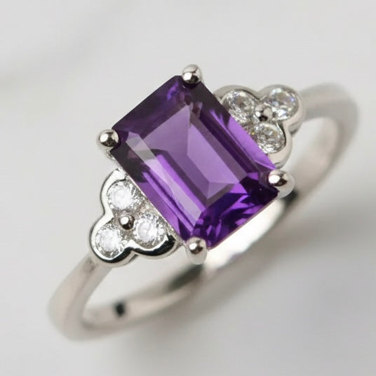 Natural Purple Amethyst 7x9 mm Emerald Cut Ring with Moissanite Accents | 925 Sterling Silver