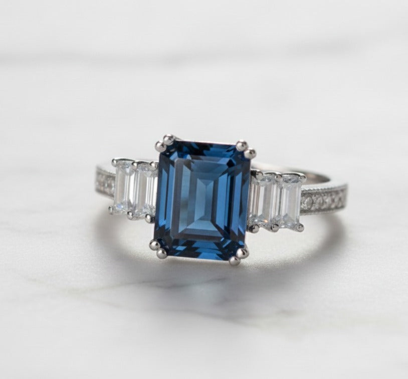 London Blue Topaz Emerald Cut Ring in 925 Sterling Silver with Moissanite Accents