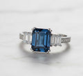 London Blue Topaz Emerald Cut Ring in 925 Sterling Silver with Moissanite Accents