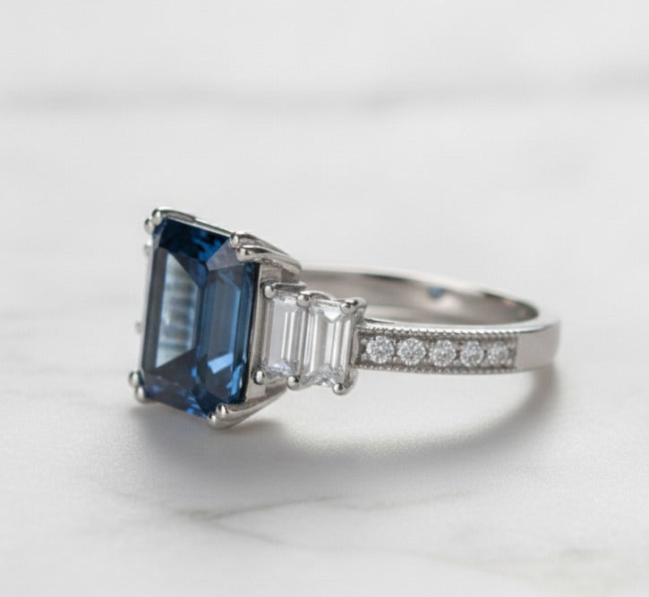 London Blue Topaz Emerald Cut Ring in 925 Sterling Silver with Moissanite Accents