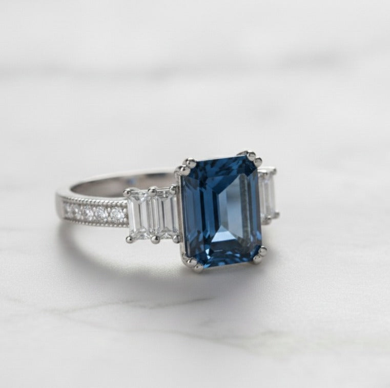 London Blue Topaz Emerald Cut Ring in 925 Sterling Silver with Moissanite Accents