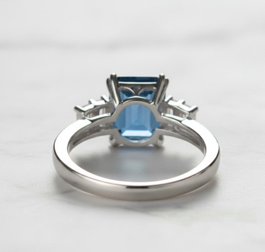 London Blue Topaz Emerald Cut Ring in 925 Sterling Silver with Moissanite Accents