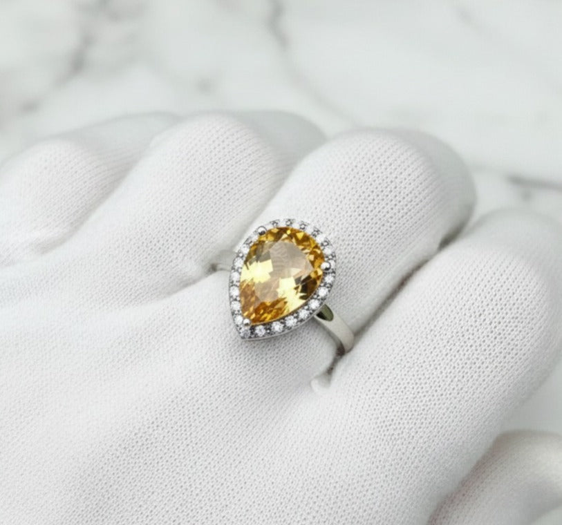 Natural Yellow Citrine Ring – 6×8 mm Pear Cut | 925 Sterling Silver